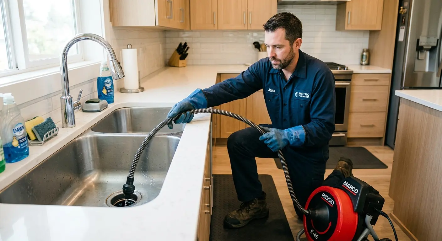 Drain cleaning technician using a motorized snake on a kitchen sink in Tillamook