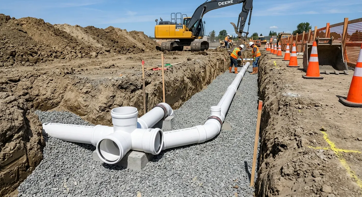 New PVC sewer pipe installation in open trench for Grease Trap Cleaning in Tillamook