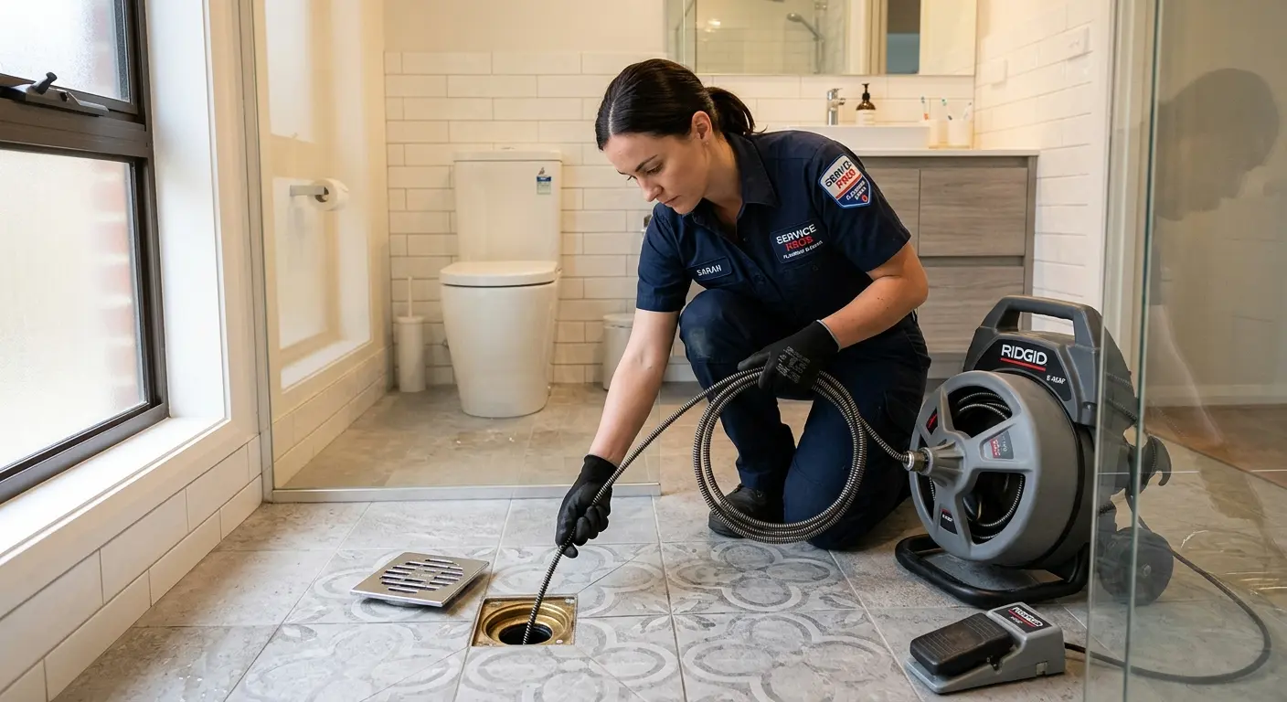 Technician clearing a bathroom floor drain for Sewer Line Installation in Tillamook